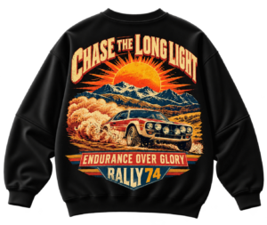 Black sweatshirt featuring a vintage rally car graphic with mountains, sunset, and text reading Chase the Long Light and Rally 74 on the back.