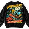 Black VX MERCH sweatshirt featuring a colorful graphic of a deep-sea diver holding a monitor with the text Pictures From The Deep and About 09.