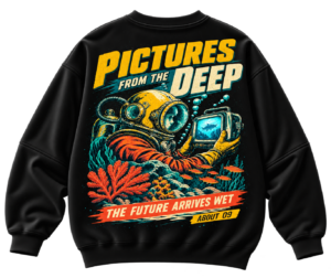 20261004175324-1f1c01c7-f138-648c-925d-264e7c4c3f22.png Black VX MERCH sweatshirt featuring a colorful graphic of a deep-sea diver holding a monitor with the text Pictures From The Deep and About 09.