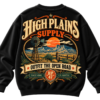 20261004175739-1f1c01d1-65e9-62dc-85a8-ee8129dfdfe2.png Black crewneck sweatshirt featuring a High Plains Supply graphic with a western landscape, windmill, sunset, and vintage-style typography.