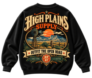 Black crewneck sweatshirt featuring a High Plains Supply graphic with a western landscape, windmill, sunset, and vintage-style typography.