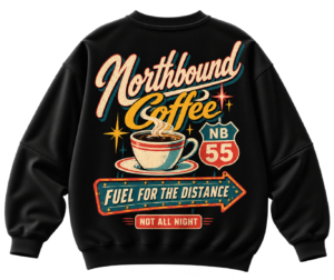 20261004180600-1f1c01e4-1330-6690-b198-4e4286d29c6f.png Black VX MERCH sweatshirt featuring a vintage Northbound Coffee graphic with a steaming cup, road sign, and Fuel for the Distance typography.
