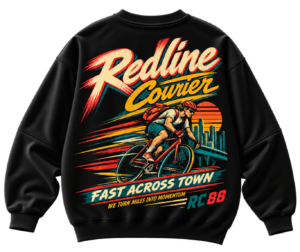 20261004181008-1f1c01ed-548c-604a-a050-ee8129dfdfe2.png Black VX MERCH sweatshirt featuring a Redline Courier graphic of a cyclist in an urban setting with retro sunset colors and bold typography.