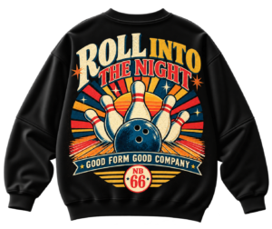 20261004181424-1f1c01f6-de38-66d2-869d-42fcbccbc188.png Black streetwear sweatshirt featuring a retro bowling graphic with pins, a ball, and the text Roll Into The Night, Good Form Good Company, and NB 66.