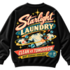 Black streetwear sweatshirt featuring a retro Starlight Laundry graphic with floating t-shirts, bubbles, and vibrant vintage-style typography.