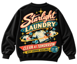 20261004181802-1f1c01fe-f5ec-6690-85ab-ae5f149606dd.png Black streetwear sweatshirt featuring a retro Starlight Laundry graphic with floating t-shirts, bubbles, and vibrant vintage-style typography.