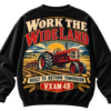 Black VX MERCH sweatshirt featuring a vintage tractor graphic, sunset field scene, and text reading Work The Wide Land and VXAM 4B on the back.