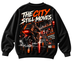 The City Still Moves oversized graphic sweatshirt with motorcycle, urban night scene and red streetwear back print