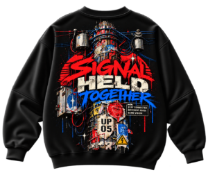 Signal Held Together oversized graphic sweatshirt with utility poles, cables and distressed red and blue urban infrastructure back print