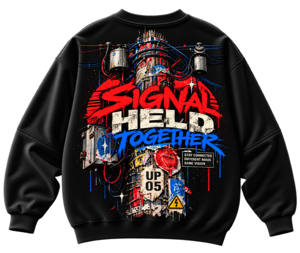 20261005150334-1f1c0cde-fd12-6ef2-a1aa-5e5940689e6f.png Signal Held Together oversized graphic sweatshirt with utility poles, cables and distressed red and blue urban infrastructure back print