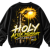 Alive After Midnight oversized graphic sweatshirt with glowing streetlight, yellow graffiti-style typography and distressed urban back print