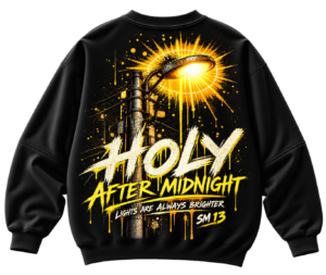 Alive After Midnight oversized graphic sweatshirt with glowing streetlight, yellow graffiti-style typography and distressed urban back print