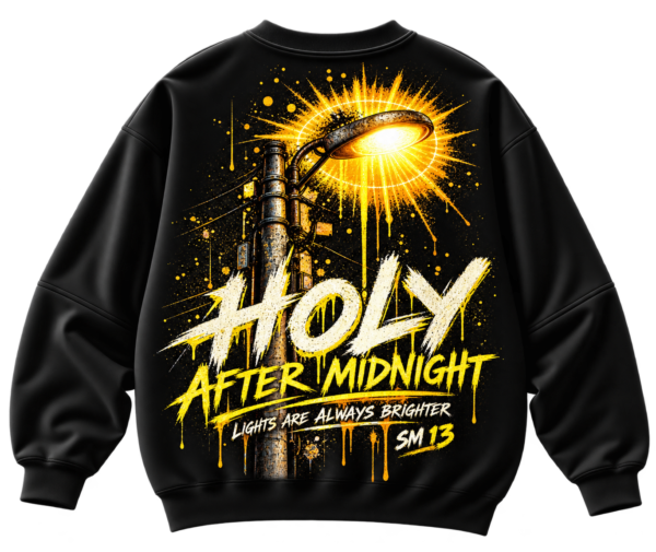 Alive After Midnight oversized graphic sweatshirt with glowing streetlight, yellow graffiti-style typography and distressed urban back print