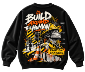 Build Around the Human oversized graphic sweatshirt with human profile, construction elements, yellow warning graphics and urban back print