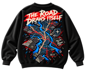 20261005154633-1f1c0d3f-0a0c-6fe4-8e4a-2ae703c836ad.png The Road Draws Itself oversized graphic sweatshirt with abstract city map, blue route lines, red directional markings and urban back print