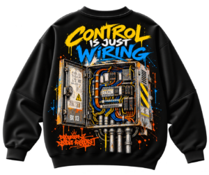 Control Your Wiring oversized graphic sweatshirt with electrical control panel, exposed wiring and colorful industrial tech back print