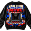 Make Room to Move oversized graphic sweatshirt with urban transit doorway, directional arrows, red and blue typography and streetwear back print