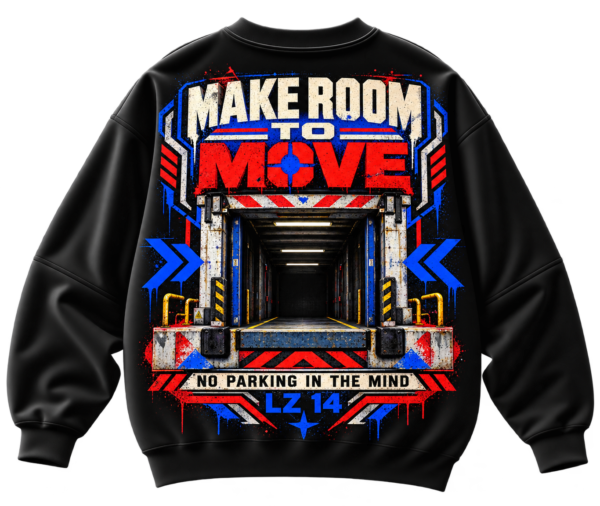 Make Room to Move oversized graphic sweatshirt with urban transit doorway, directional arrows, red and blue typography and streetwear back print