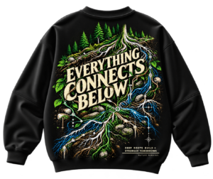 Everything Connects Below oversized graphic sweatshirt with green forest ferns, exposed tree roots and nature-inspired back print