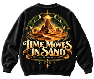 Time Moves in Sand oversized graphic sweatshirt with golden desert dunes, rocky landscape, glowing sun and vintage nature-inspired back print