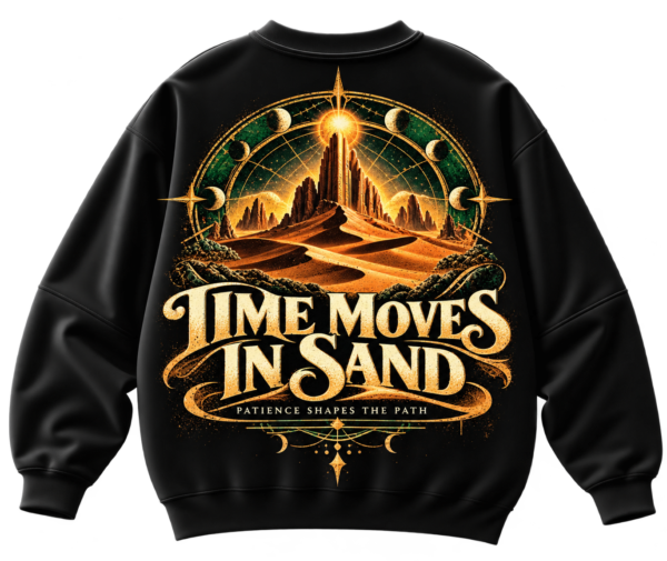 20261007172850-1f1c2748-f7d1-68a6-906e-7e41c1adc404.png Time Moves in Sand oversized graphic sweatshirt with golden desert dunes, rocky landscape, glowing sun and vintage nature-inspired back print