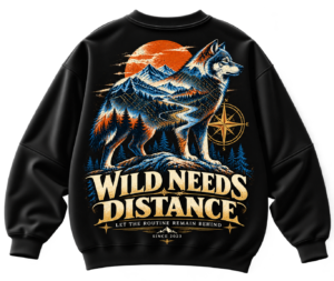 Wild Needs Distance oversized graphic sweatshirt featuring a wolf, mountain landscape, orange sunset and compass-inspired wilderness back print.