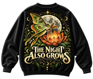 The Night Also Grows oversized black graphic sweatshirt featuring a moonlit moth, blooming orange flower, green botanical vines and celestial nature-inspired back print.