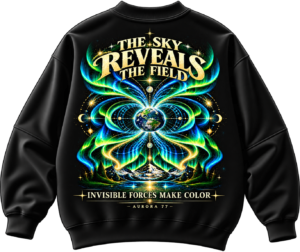 20261009104053-1f1c3cde-6c08-6724-9864-c68644125ab6.png The Sky Reveals the Field oversized black graphic sweatshirt featuring glowing aurora borealis patterns, blue and green magnetic field lines, celestial energy artwork and colorful back print.
