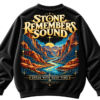 Stone Remembers Sound oversized black graphic sweatshirt featuring a colorful canyon landscape, orange sandstone cliffs, winding blue river, golden sunset and vintage nature-inspired back print.