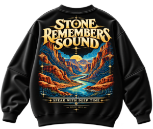 20261009104612-1f1c3cea-4f31-6108-a107-b25387ac5d67.png Stone Remembers Sound oversized black graphic sweatshirt featuring a colorful canyon landscape, orange sandstone cliffs, winding blue river, golden sunset and vintage nature-inspired back print.
