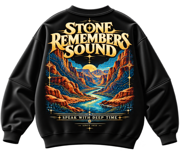 Stone Remembers Sound oversized black graphic sweatshirt featuring a colorful canyon landscape, orange sandstone cliffs, winding blue river, golden sunset and vintage nature-inspired back print.