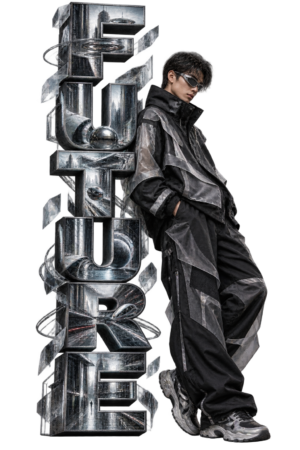 VX MERCH Future collection artwork with futuristic vertical typography and photorealistic future fashion model