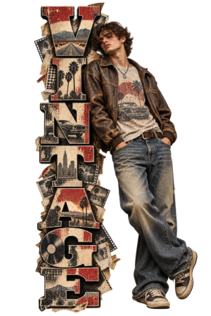 VX MERCH Vintage collection artwork with distressed vertical typography and photorealistic vintage fashion model