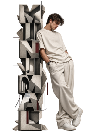 VX MERCH Minimal collection artwork with clean vertical typography and photorealistic minimalist fashion model