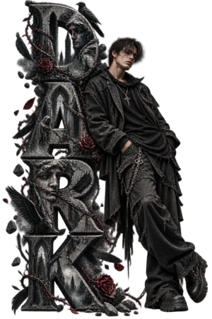 VX MERCH Dark collection artwork with gothic vertical typography and photorealistic dark fashion model