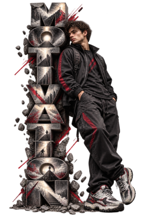 VX MERCH Motivation collection artwork with vertical typography and photorealistic performance streetwear model