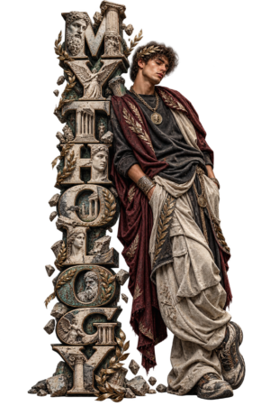 VX MERCH Mythology collection artwork with ancient-inspired vertical typography and photorealistic mythology fashion model