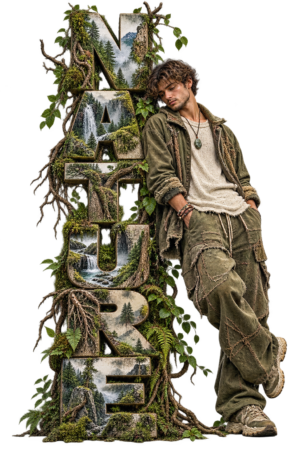 VX MERCH Nature collection artwork with forest-inspired vertical typography and photorealistic nature fashion model