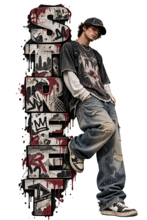 VX MERCH Street collection artwork with vertical graffiti typography and photorealistic streetwear model