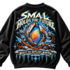 Small Holds the Future oversized black graphic sweatshirt featuring a glowing seed, icy blue branches, winter botanical artwork and nature-inspired back print.