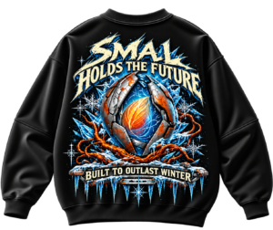 Sweat-shirt noir, emblème glacé futuriste Small Holds the Future oversized black graphic sweatshirt featuring a glowing seed, icy blue branches, winter botanical artwork and nature-inspired back print.