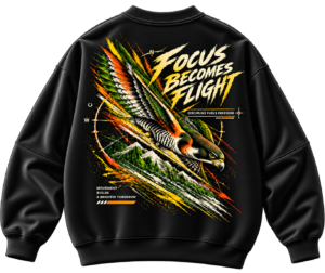 Sweatshirt noir, faucon en plein vol Focus Becomes Flight oversized black graphic sweatshirt featuring a diving falcon with green, orange and golden feathers, dynamic motion lines and wildlife-inspired back print.